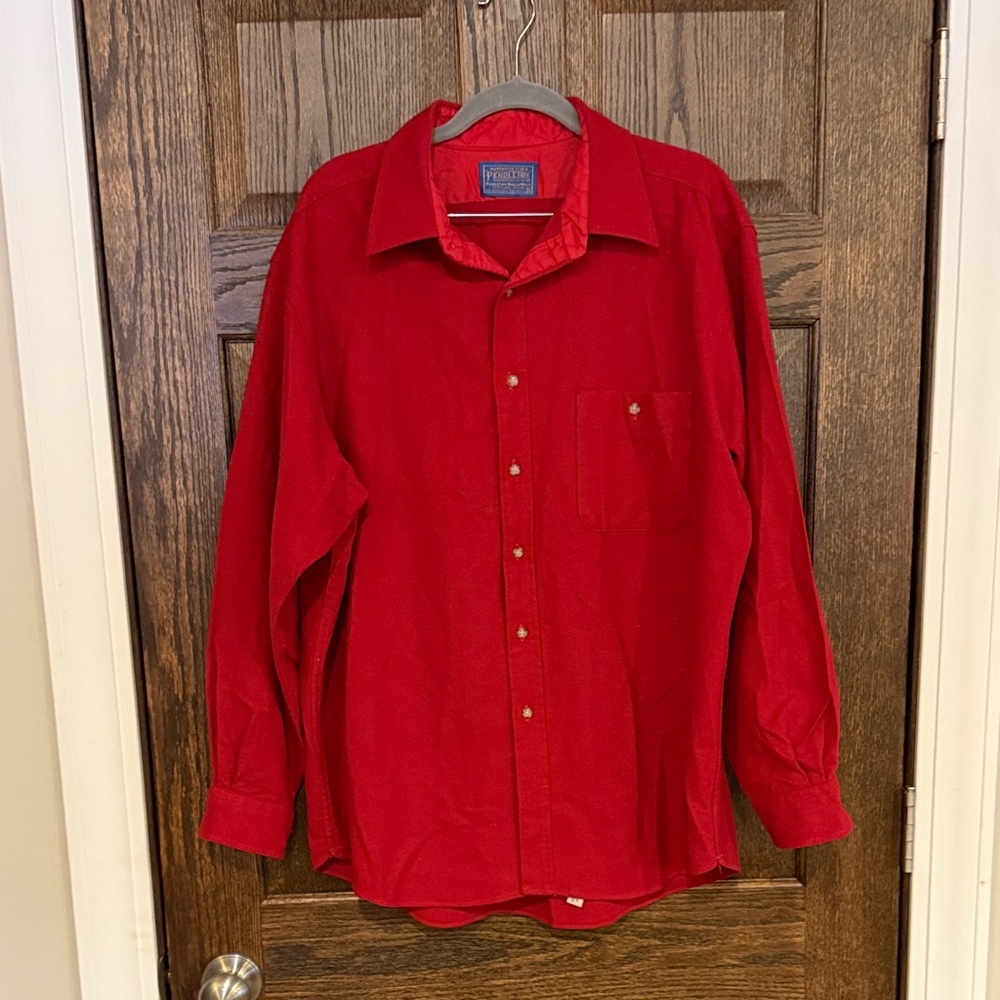 Vintage Pendleton Red 100% Wool Button Down Shirt Elbow Patches XL Made in USA